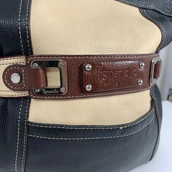 Tignanello Black Ivory Brown Colorblock Pebble Leather Buckle Shoulder Bag - Picture 2 of 13